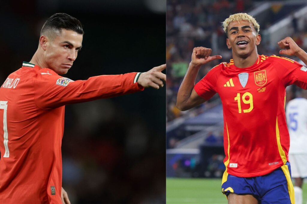 Foto colorida de Cristiano Ronaldo e Lamine Yamal, estrelas de Portugal e Espanha - Metrópoles