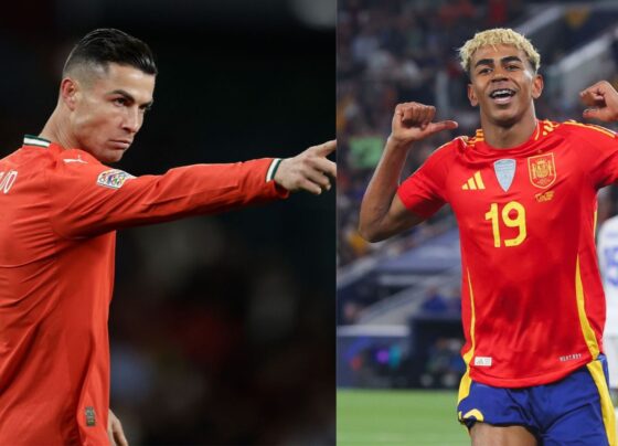 Foto colorida de Cristiano Ronaldo e Lamine Yamal, estrelas de Portugal e Espanha - Metrópoles